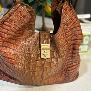 Brown Crocodile Leather Hobo Bag with Gold Hardware
